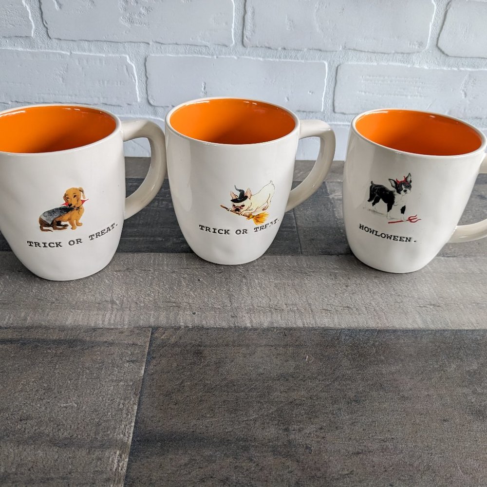 Rae Dunn Artisan Collection Dog Halloween Trick or Treat Coffee Mugs lot of 3